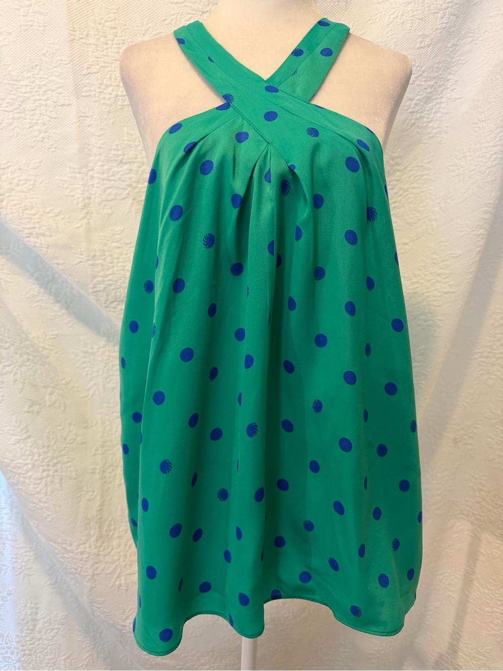 Lilly Pulitzer Green Blue Polka Dot Halter Top Criss Cross Neck Swing Blouse L